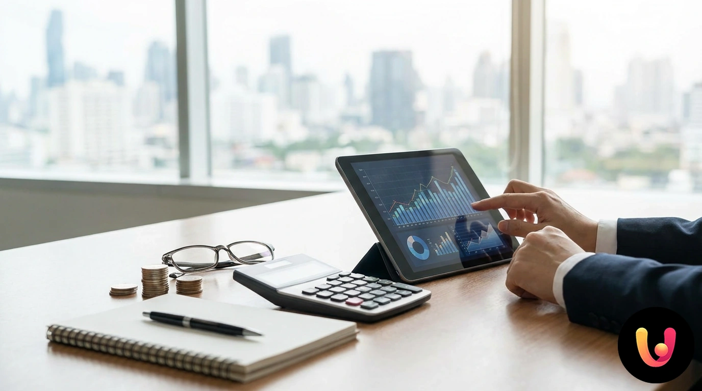 Mãos a usar uma calculadora sobre um plano de amortização com taxas percentuais visíveis