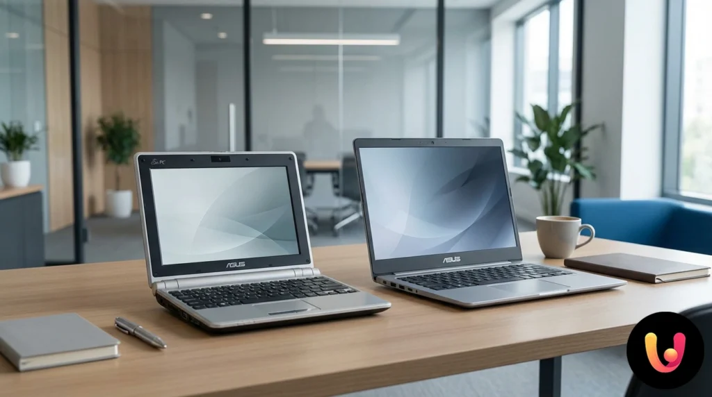 Asus eee pc segunda geração ao lado do modelo primeira geração para comparação design e dimensões