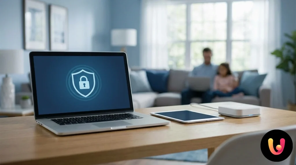 Cibersegurança Doméstica: Guia Completo para Família e Trabalho Computador portátil em casa com escudo de segurança no ecrã e router para proteção da rede doméstica