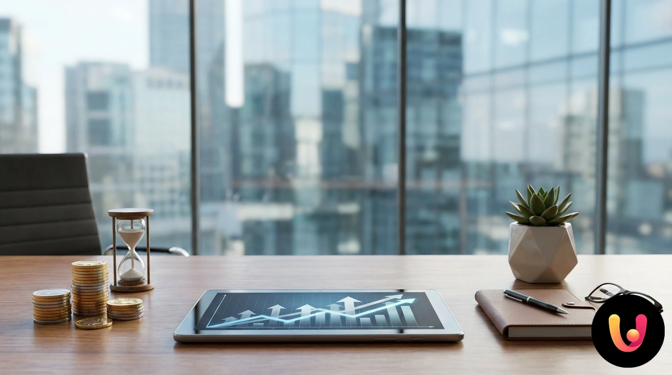 Gráficos de barras ascendentes num tablet digital pousado numa secretária com calculadora e documentos financeiros