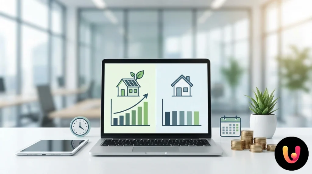 Certificato energetico classe a accanto a calcolatrice e monete impilate che indicano guadagno economico