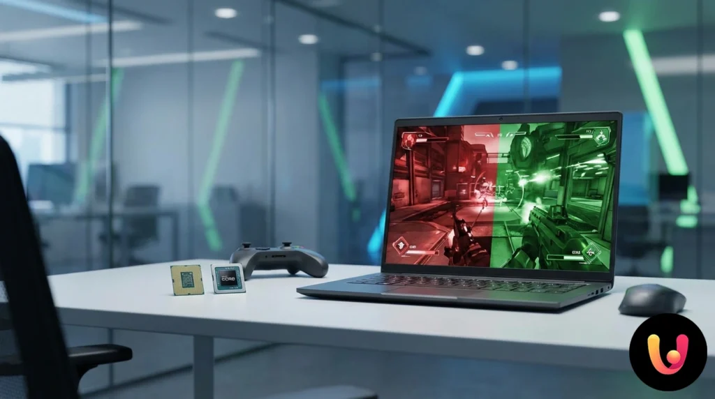 Log&oacute;tipos amd e nvidia em compara&ccedil;&atilde;o sobre fundo de circuitos e processadores para gr&aacute;fica integrada