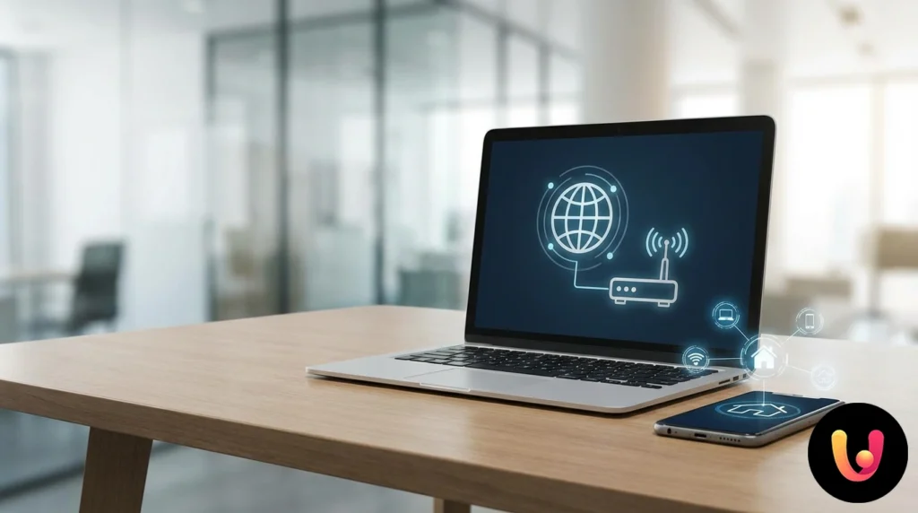 Ecr&atilde;s de port&aacute;til e smartphone lado a lado a visualizar as configura&ccedil;&otilde;es de rede e o endere&ccedil;o ip