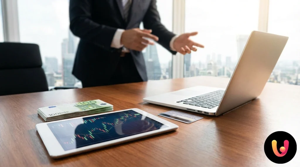 Petits Prêts Rapides : Comment Obtenir 5000 Euros Immédiatement Mains calculant un devis sur un ordinateur portable avec des billets en euros et des documents financiers sur la table