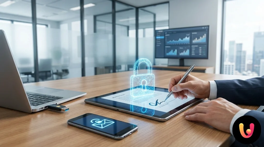 M&atilde;os a digitar no teclado de um port&aacute;til com grafismo sobreposto de um cadeado e um visto verde de verifica&ccedil;&atilde;o