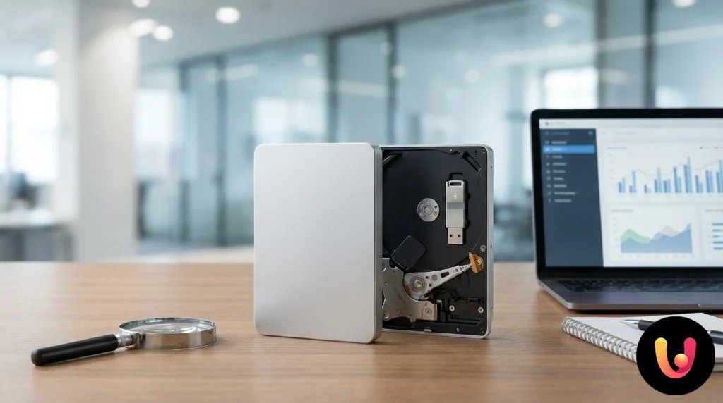 Disque dur externe ouvert r&eacute;v&eacute;lant une simple cl&eacute; USB modifi&eacute;e &agrave; la place du vrai disque