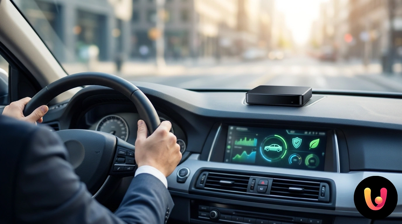 Telematics black box device connected to a car's diagnostic port to monitor driving style