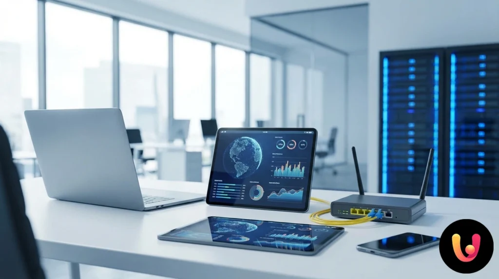 Tachimetro digitale su monitor che indica la velocit&agrave; di download della connessione dati