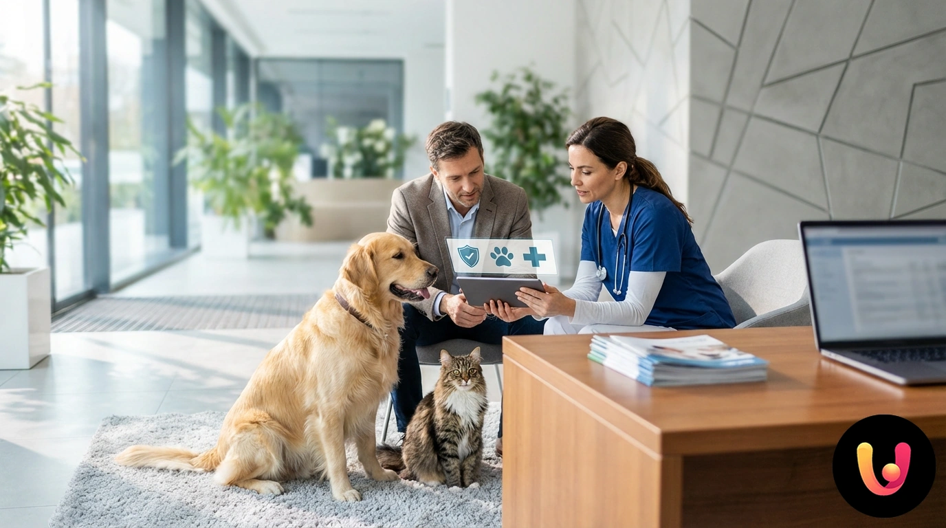 Veterinarian carefully examines a dog on an exam table in a modern medical office