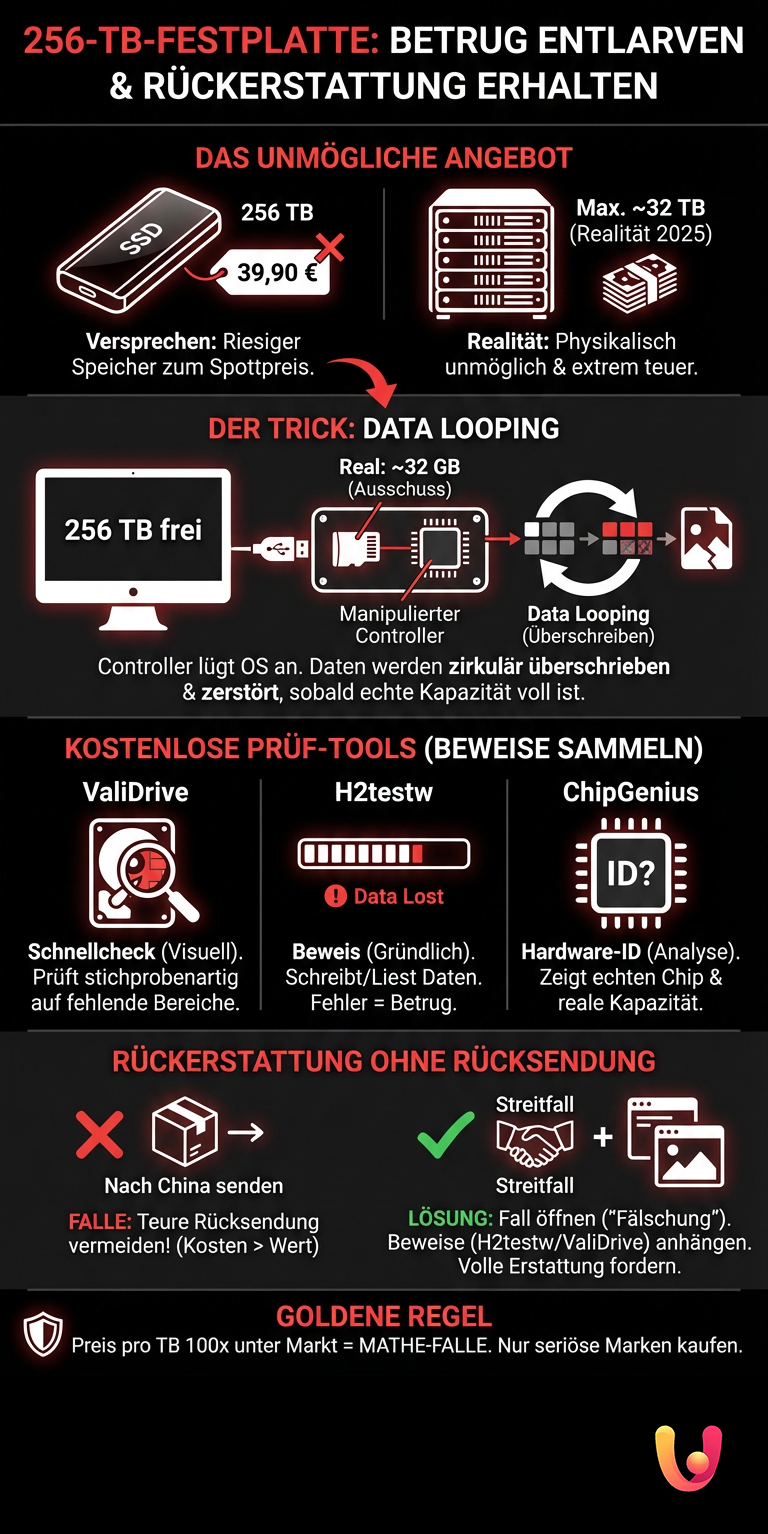 256-TB-Festplatte: So entlarven Sie den Betrug und erhalten eine R&uuml;ckerstattung - Infografica riassuntiva
