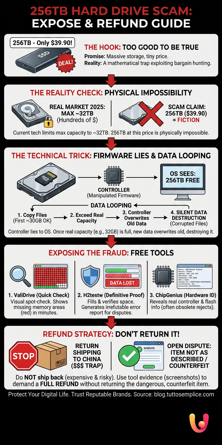 256TB Hard Drive: How to Expose the Scam and Get a Refund - Infografica riassuntiva