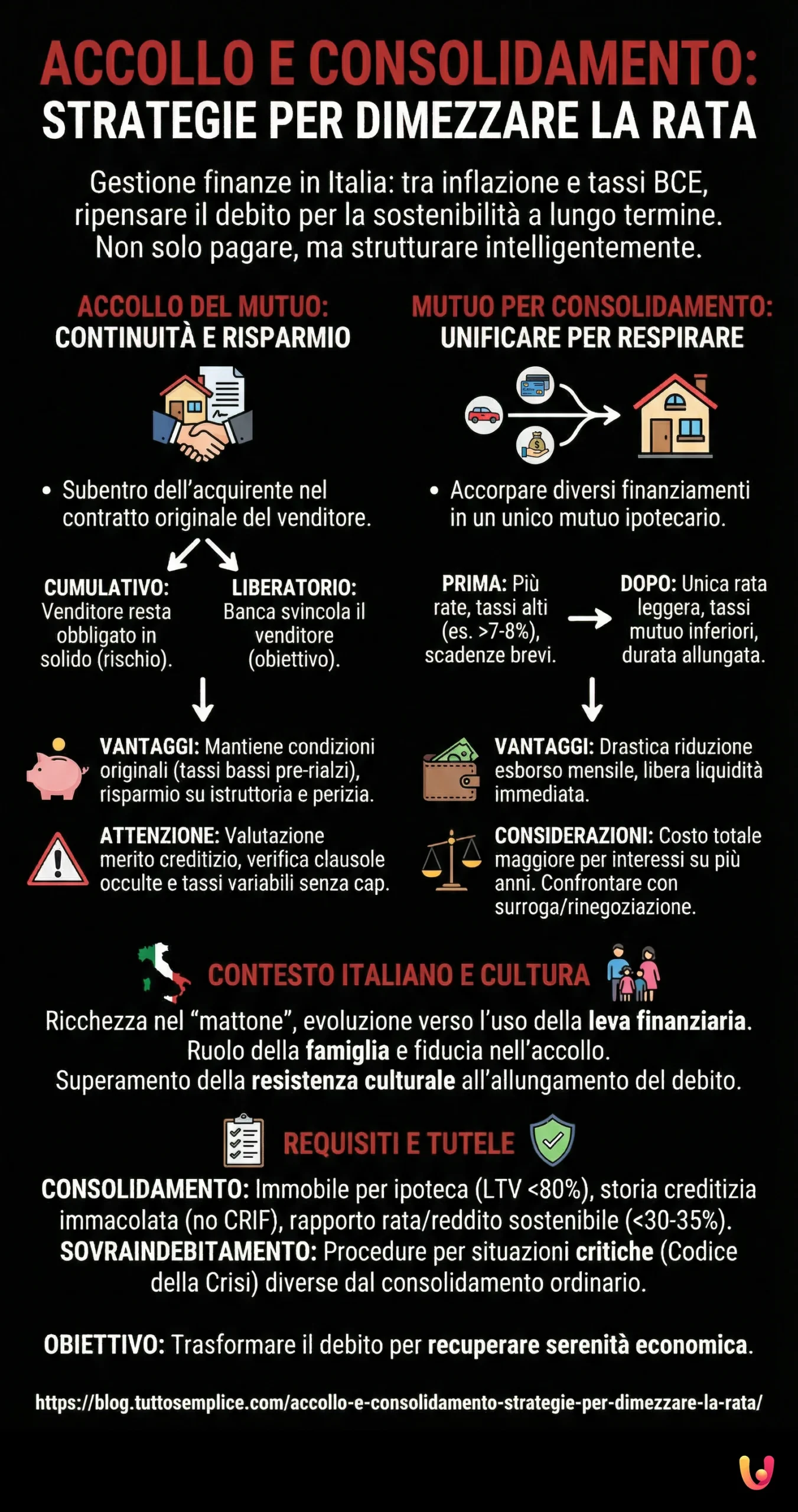 Accollo e Consolidamento: Strategie per Dimezzare la Rata - Infografica riassuntiva