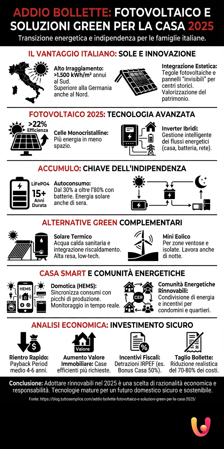 Addio Bollette: Fotovoltaico e Soluzioni Green per la Casa 2025 - Infografica riassuntiva