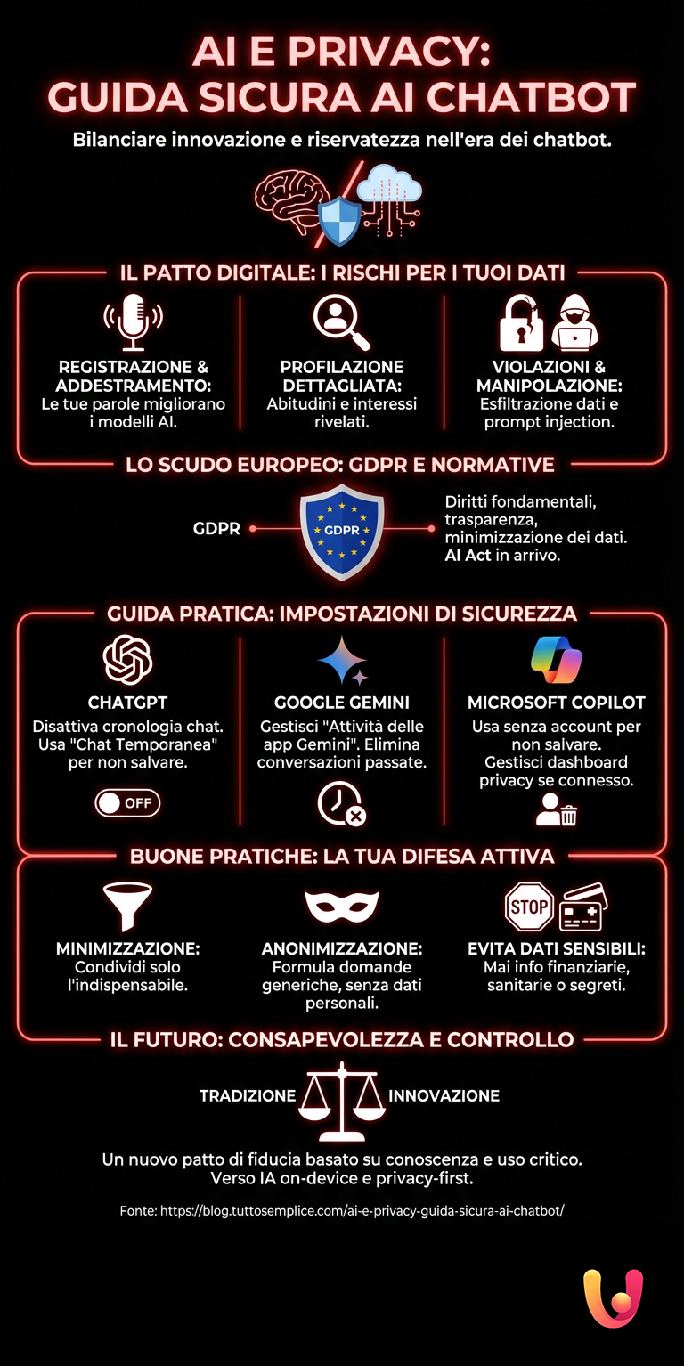 AI e Privacy: guida sicura ai chatbot - Infografica riassuntiva