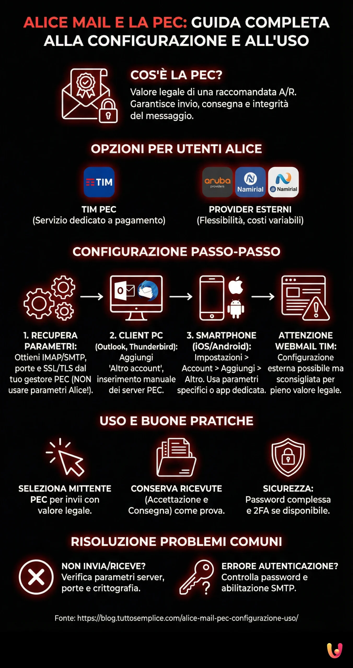 Alice Mail et le Courrier &Eacute;lectronique Certifi&eacute; (PEC) : Guide complet de configuration et d'utilisation - Infographie r&eacute;capitulative