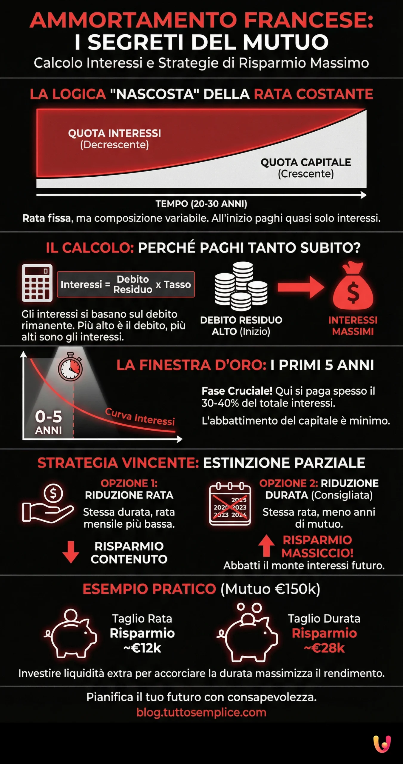 Ammortamento Francese: Calcolo Interessi e Risparmio Estinzione - Infografica riassuntiva