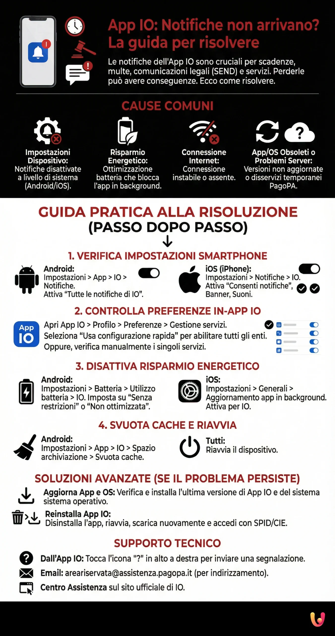 App IO: notifiche non arrivano? La guida per risolvere - Infografica riassuntiva