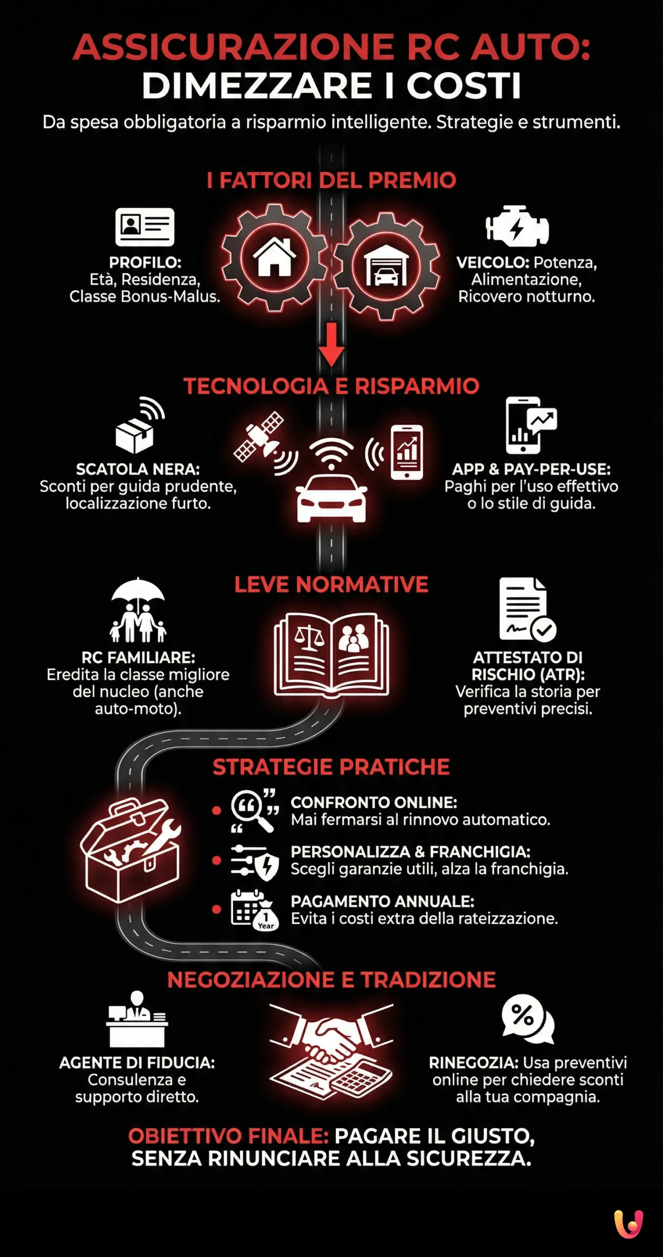 Assicurazione RC Auto: come dimezzare il costo della polizza - Infografica riassuntiva
