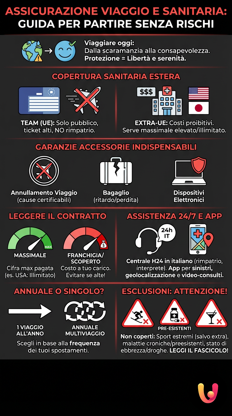 Assicurazione Viaggio e Sanitaria: Guida per Partire Senza Rischi - Infografica riassuntiva