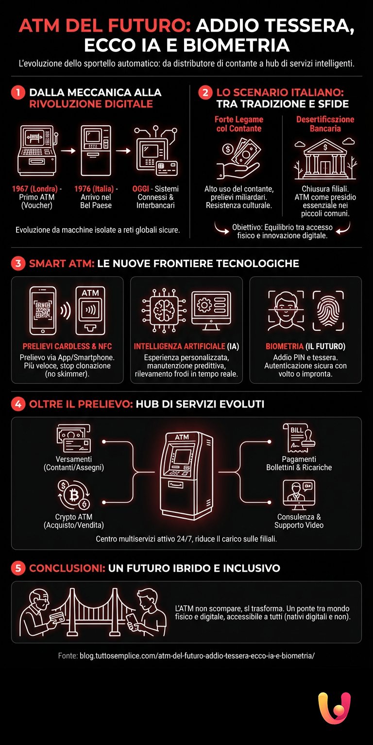 ATM del futuro: Addio tessera, ecco IA e biometria - Infografica riassuntiva