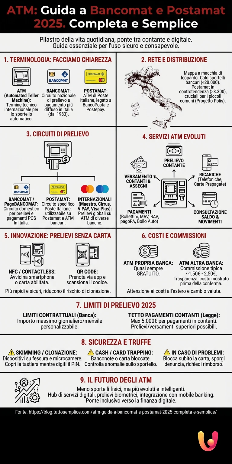 ATM: Guida a Bancomat e Postamat 2025. Completa e Semplice - Infografica riassuntiva