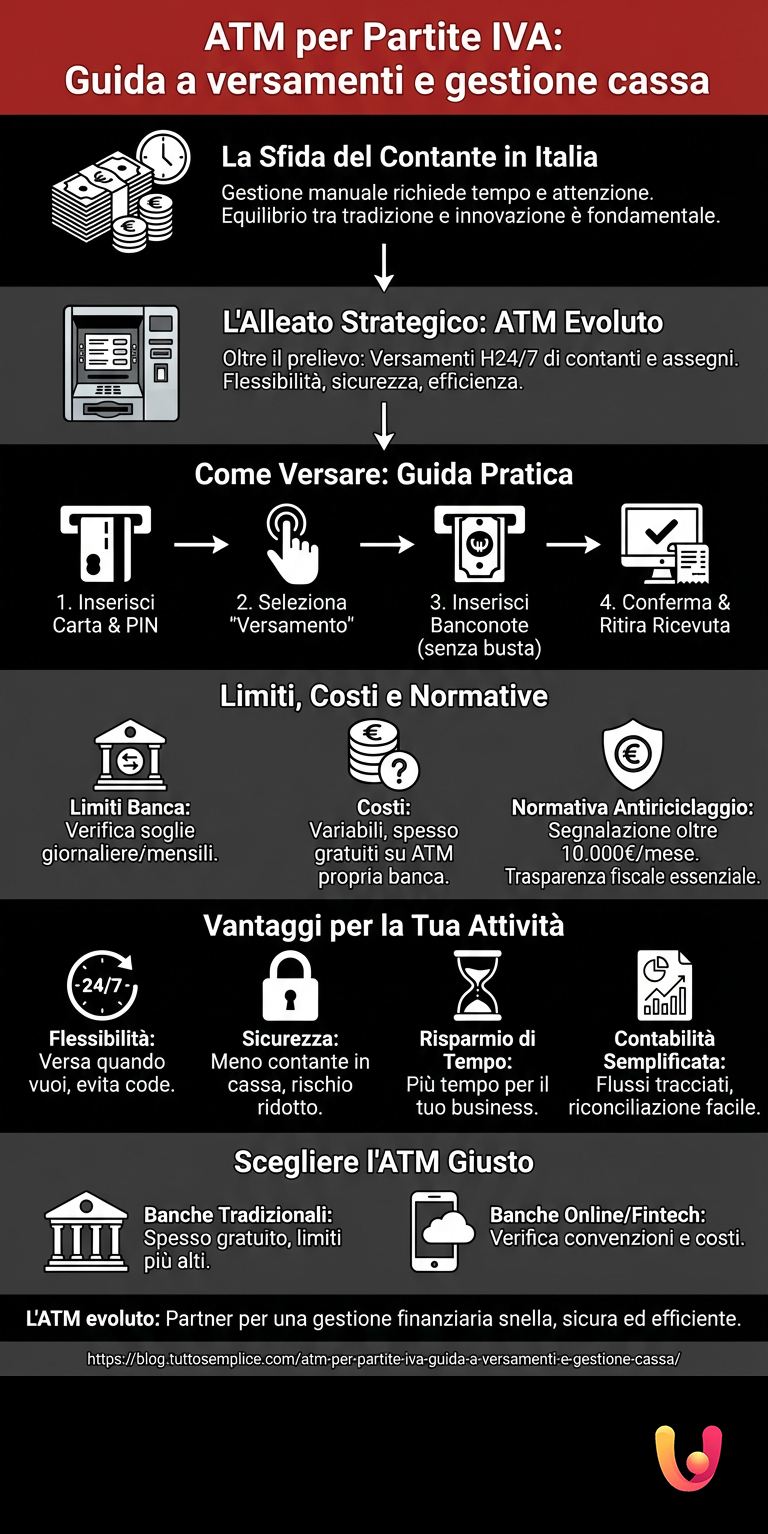 ATM per Partite IVA: Guida a versamenti e gestione cassa - Infografica riassuntiva
