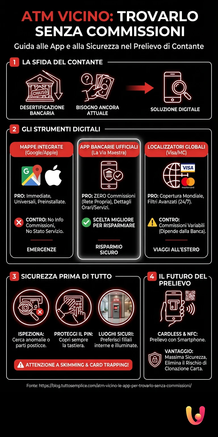 ATM Vicino: Le App per Trovarlo Senza Commissioni - Infografica riassuntiva