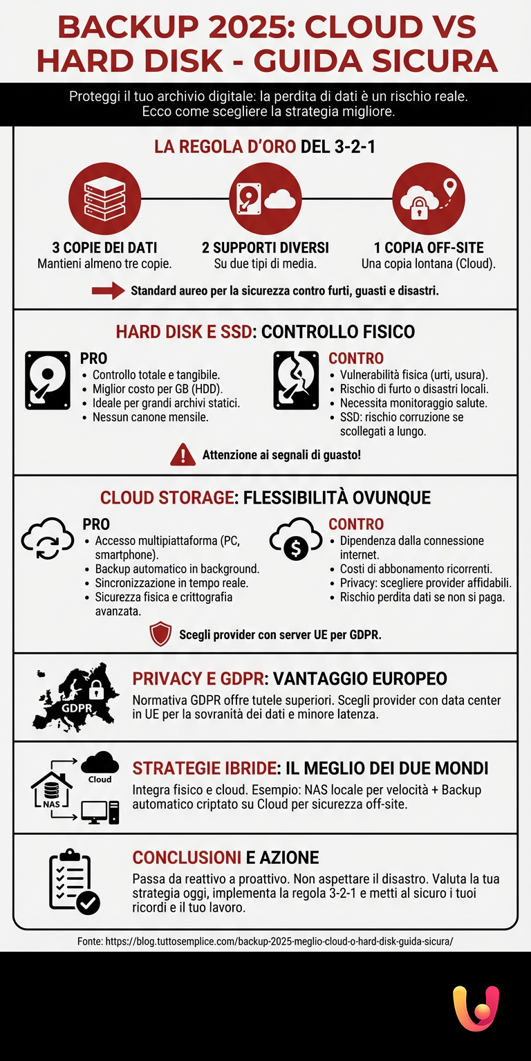 Backup 2025: Meglio Cloud o Hard Disk? Guida Sicura - Infografica riassuntiva