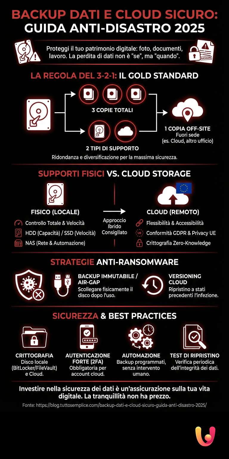 Backup Dati e Cloud Sicuro: Guida Anti - Disastro 2025 - Infografica riassuntiva