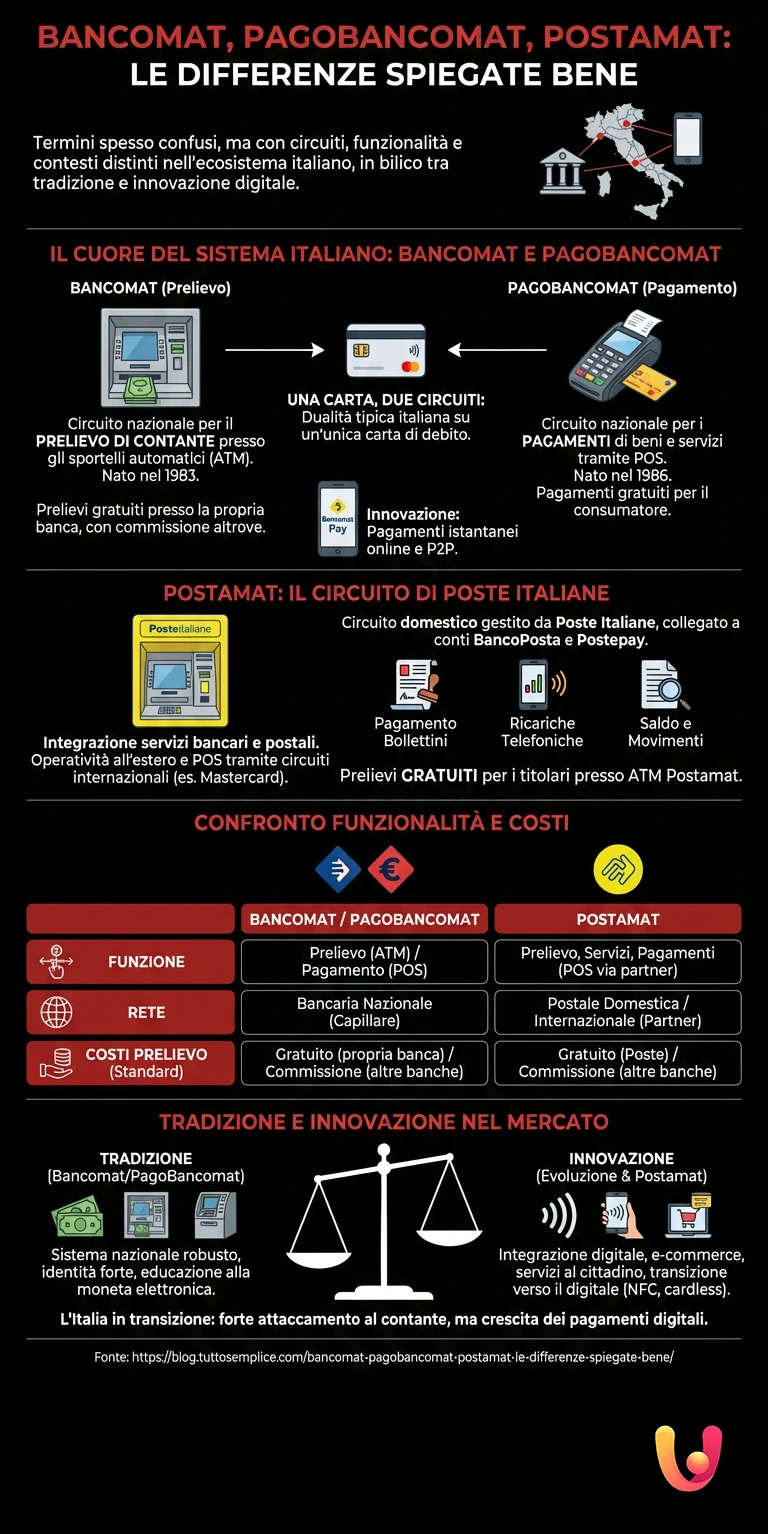 Bancomat, PagoBancomat, Postamat: Le differenze spiegate bene - Infografica riassuntiva