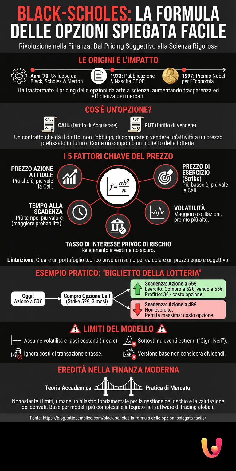 Black - Scholes: La Formula delle Opzioni Spiegata Facile - Infografica riassuntiva