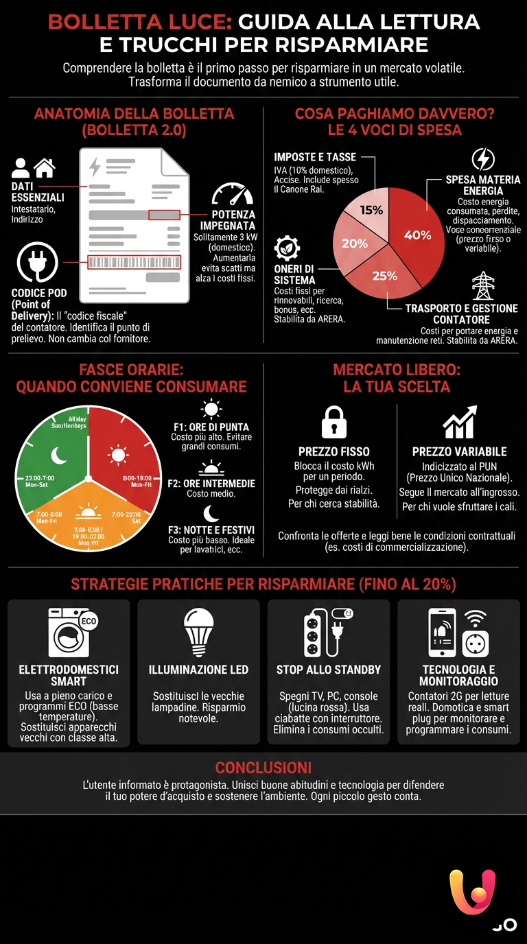 Bolletta Luce: Guida alla Lettura e Trucchi per Risparmiare - Infografica riassuntiva