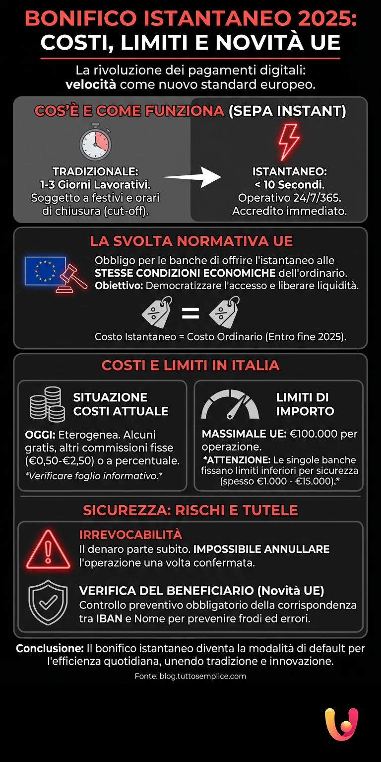Bonifico Istantaneo 2025: Costi, Limiti e Novit&agrave; UE - Infografica riassuntiva