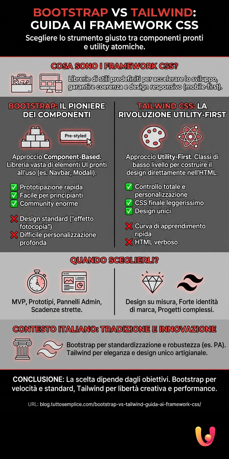 Bootstrap vs Tailwind: Guida ai Framework CSS - Infografica riassuntiva