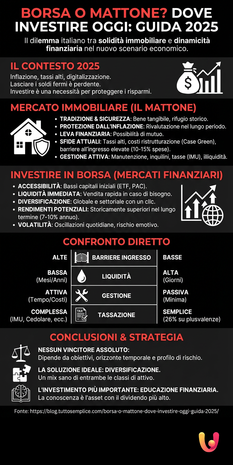 Borsa o Mattone? Dove Investire Oggi: Guida 2025 - Infografica riassuntiva