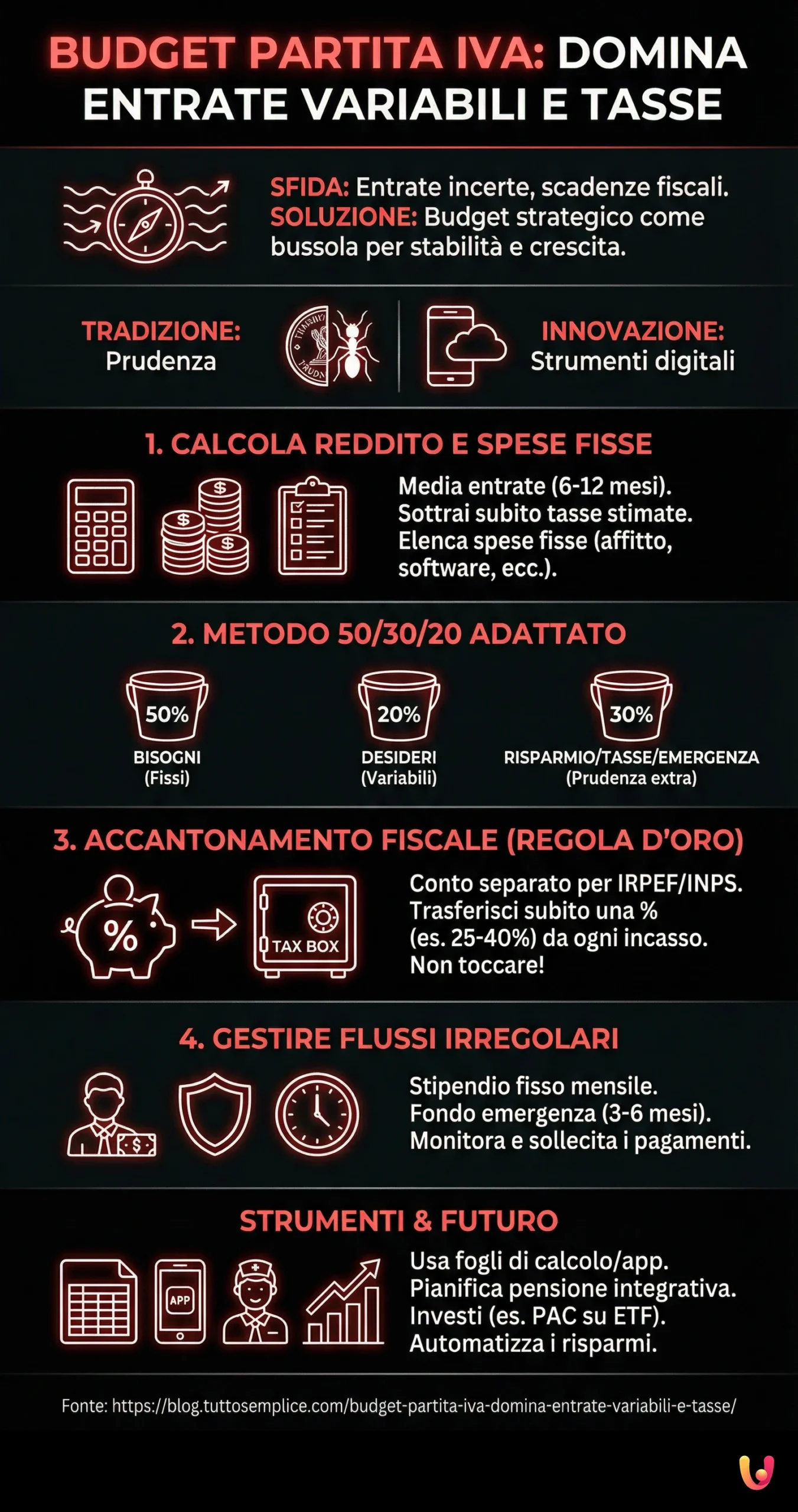 Budget Partita IVA: Domina Entrate Variabili e Tasse - Infografica riassuntiva