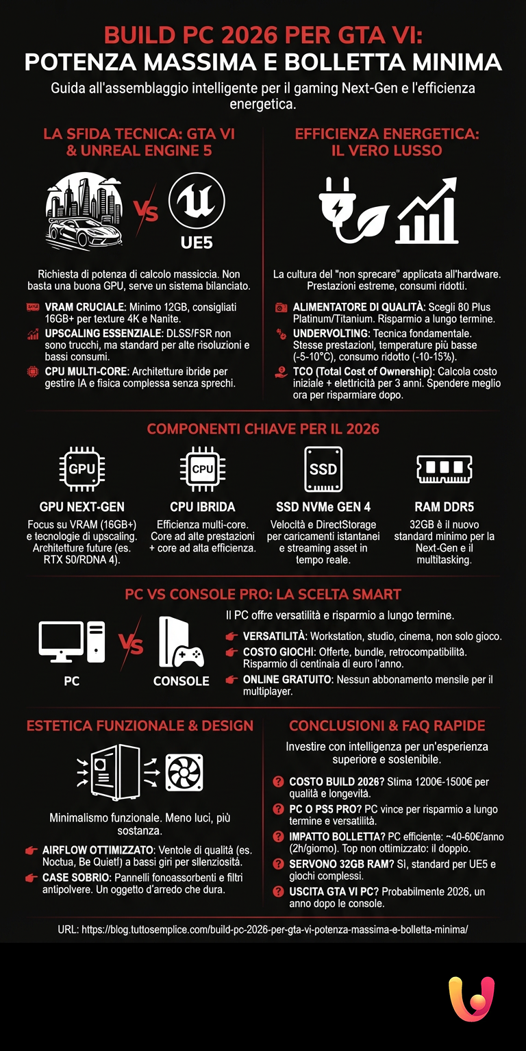 Build PC 2026 per GTA VI: Potenza Massima e Bolletta Minima - Infografica riassuntiva