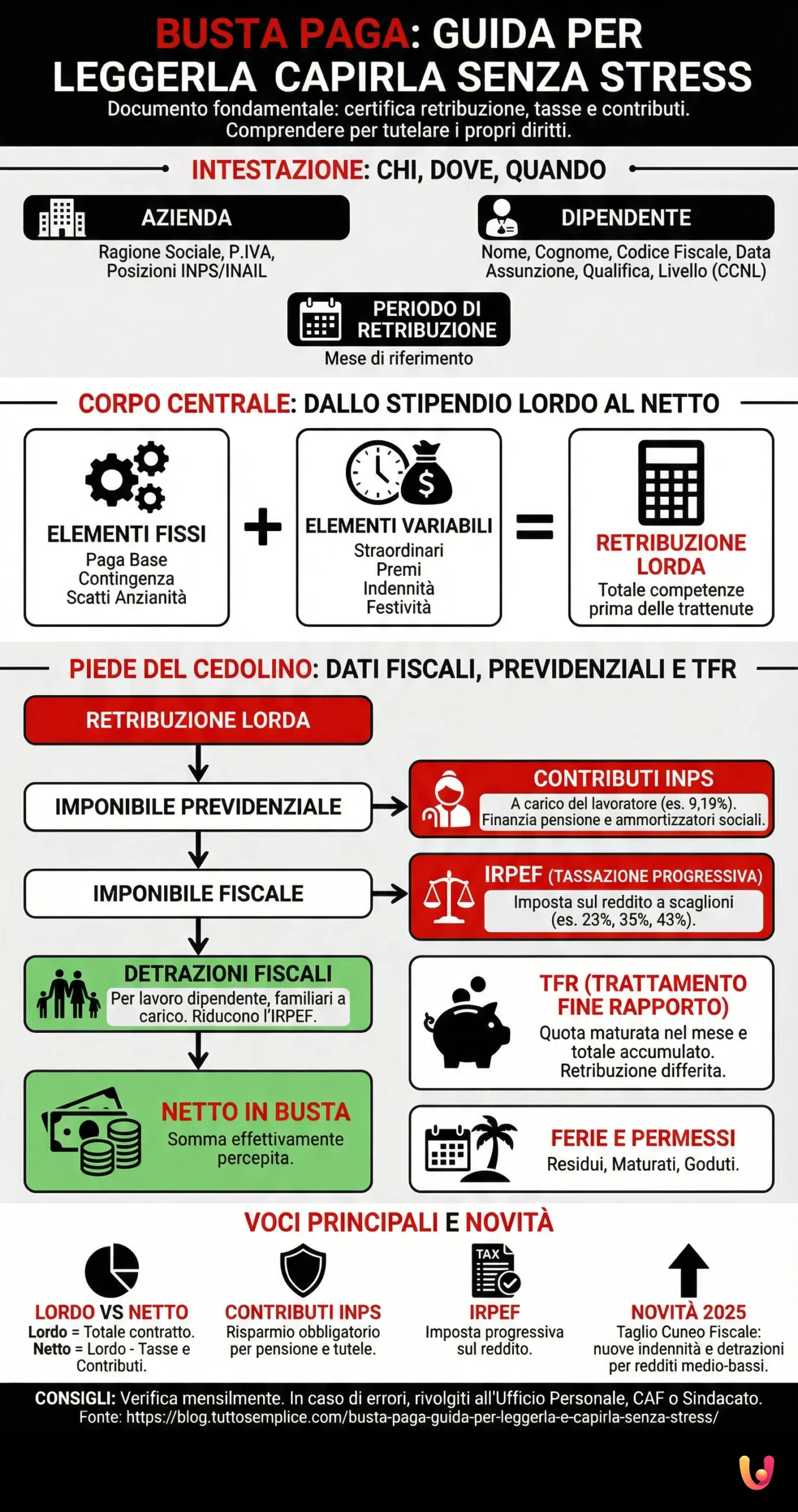 Busta Paga: Guida per Leggerla e Capirla Senza Stress - Infografica riassuntiva