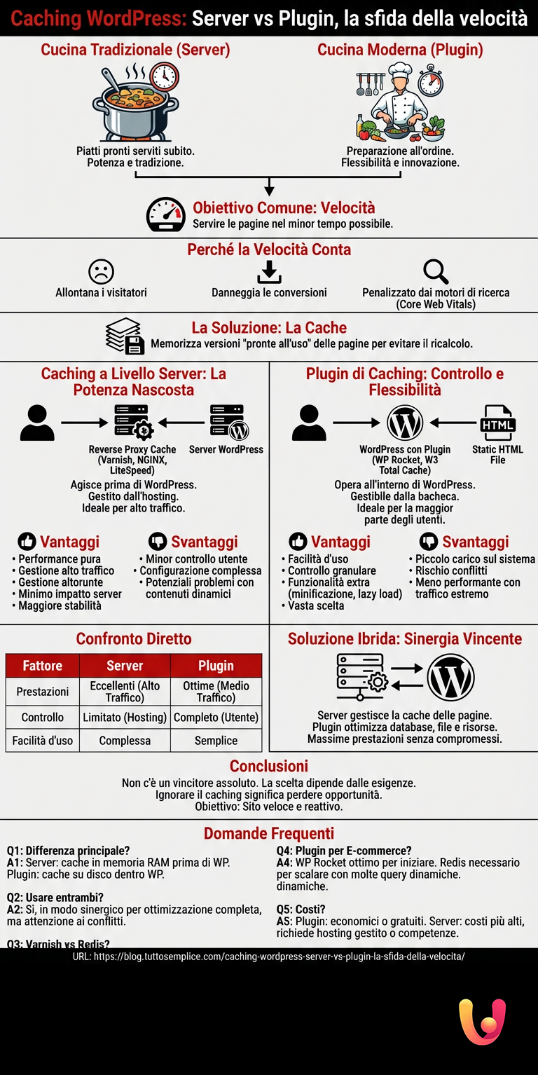 Caching WordPress: Server vs Plugin, la sfida della velocità - Infografica riassuntiva