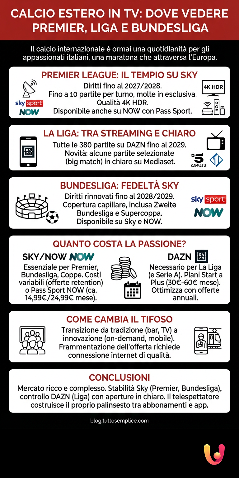 Calcio Estero in TV: Dove Vedere Premier, Liga e Bundesliga - Infografica riassuntiva