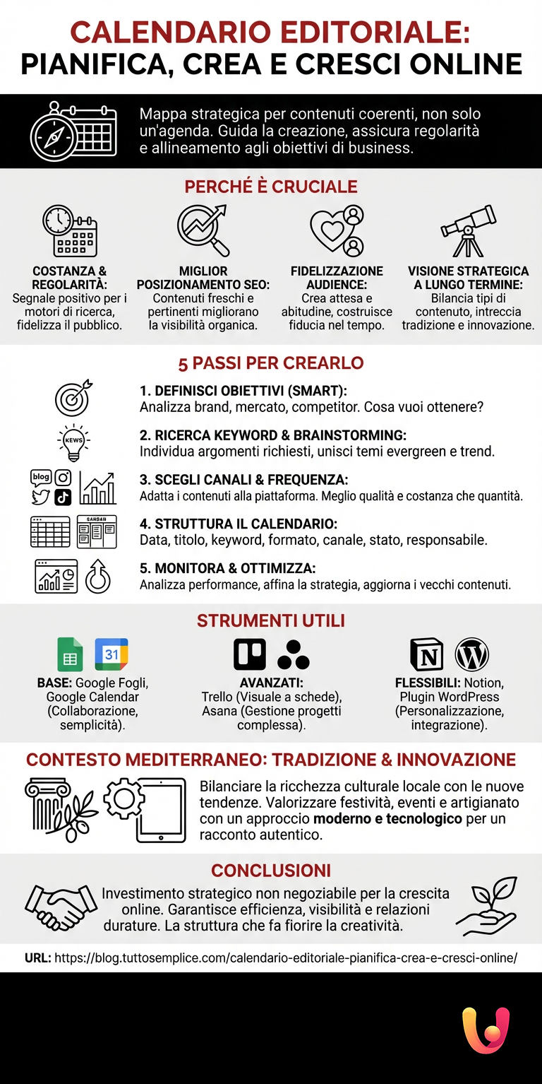 Calendario Editoriale: Pianifica, Crea e Cresci Online - Infografica riassuntiva
