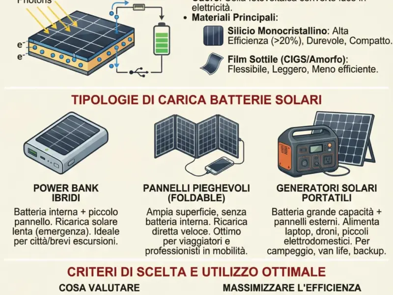 Infografica: Carica Batterie Solari: Guida all'Energia Portatile tra Tradizione Mediterranea e Innovazione Europea