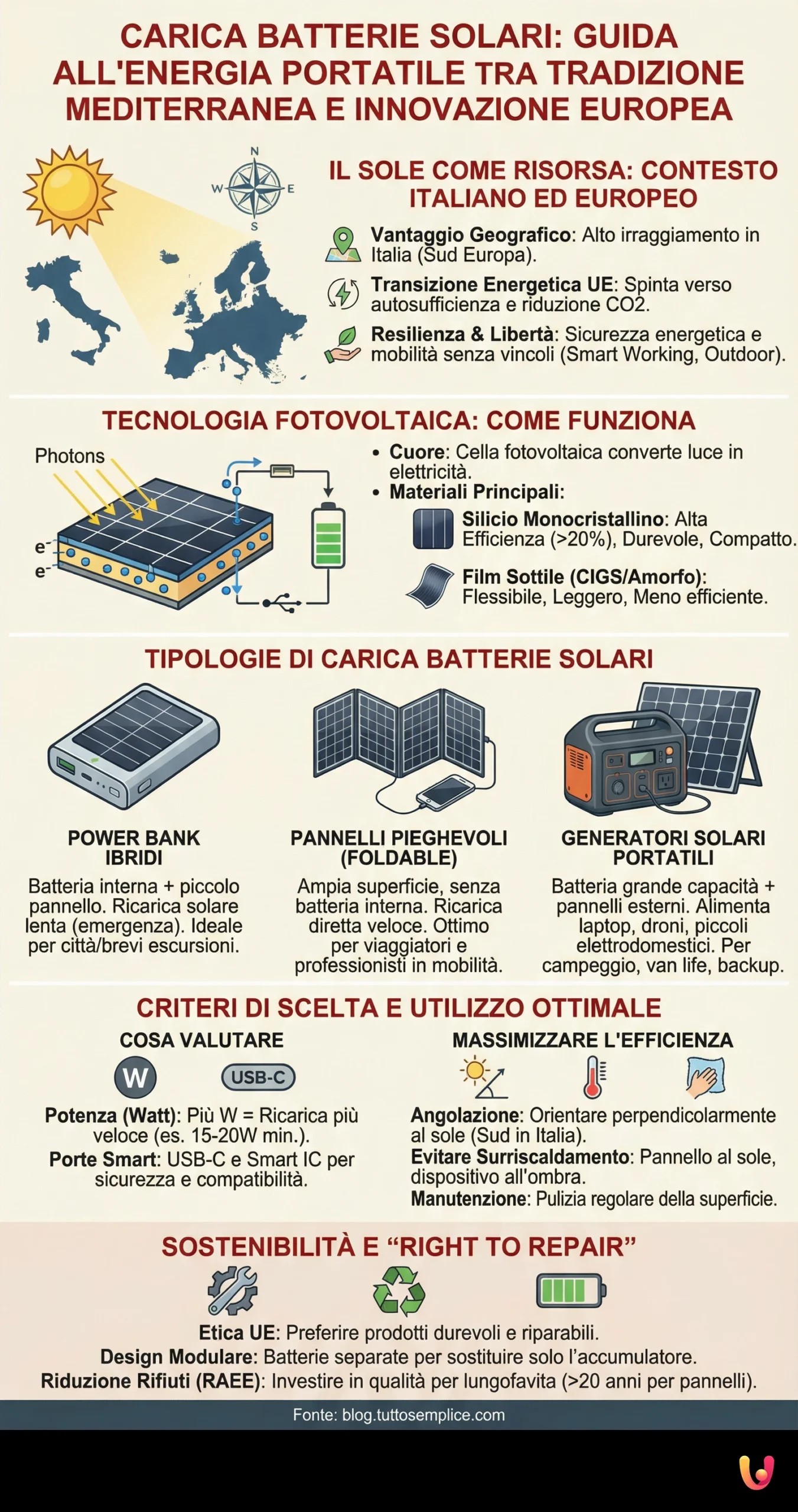 Carica Batterie Solari: Guida all'Energia Portatile tra Tradizione Mediterranea e Innovazione Europea - Infografica riassuntiva