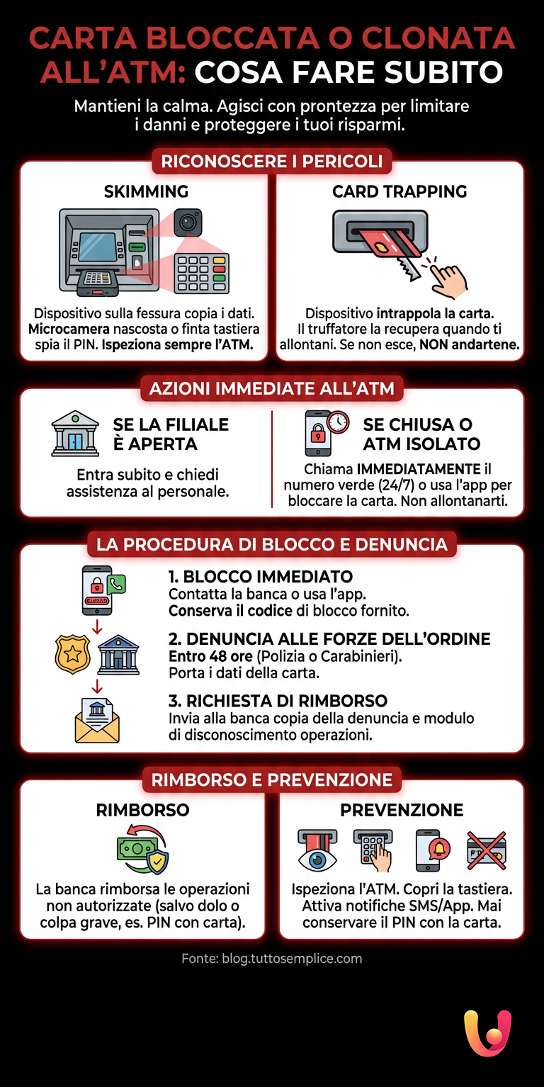 Carta bloccata o clonata all'ATM: cosa fare subito - Infografica riassuntiva