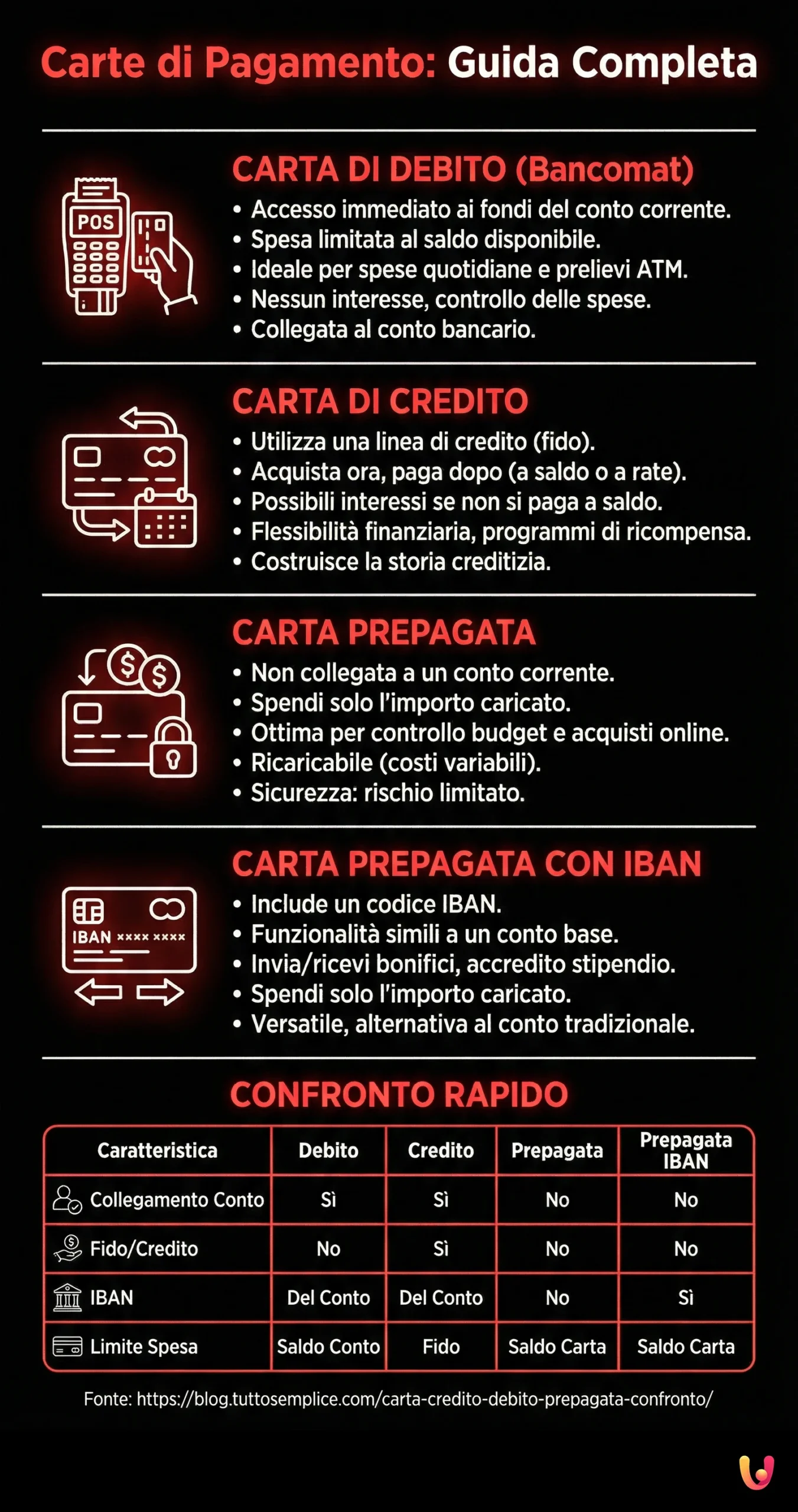 Carte: Credito, Debito, Prepagata e Prepagata con IBAN - Infografica riassuntiva