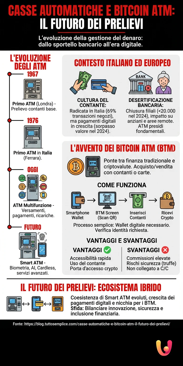 Casse automatiche e Bitcoin ATM: il futuro dei prelievi - Infografica riassuntiva
