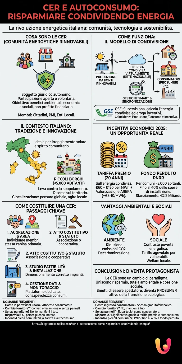 CER e Autoconsumo: Come Risparmiare Condividendo Energia - Infografica riassuntiva