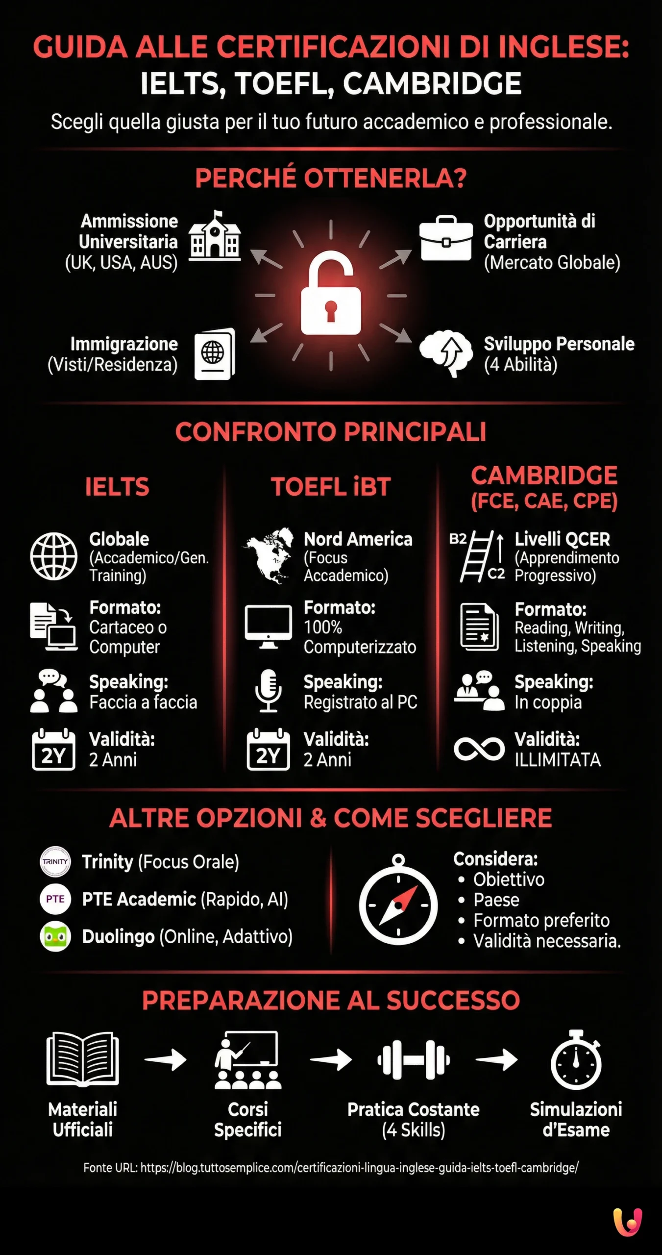 Certificazioni Lingua Inglese: Guida a IELTS, TOEFL, Cambridge - Infografica riassuntiva
