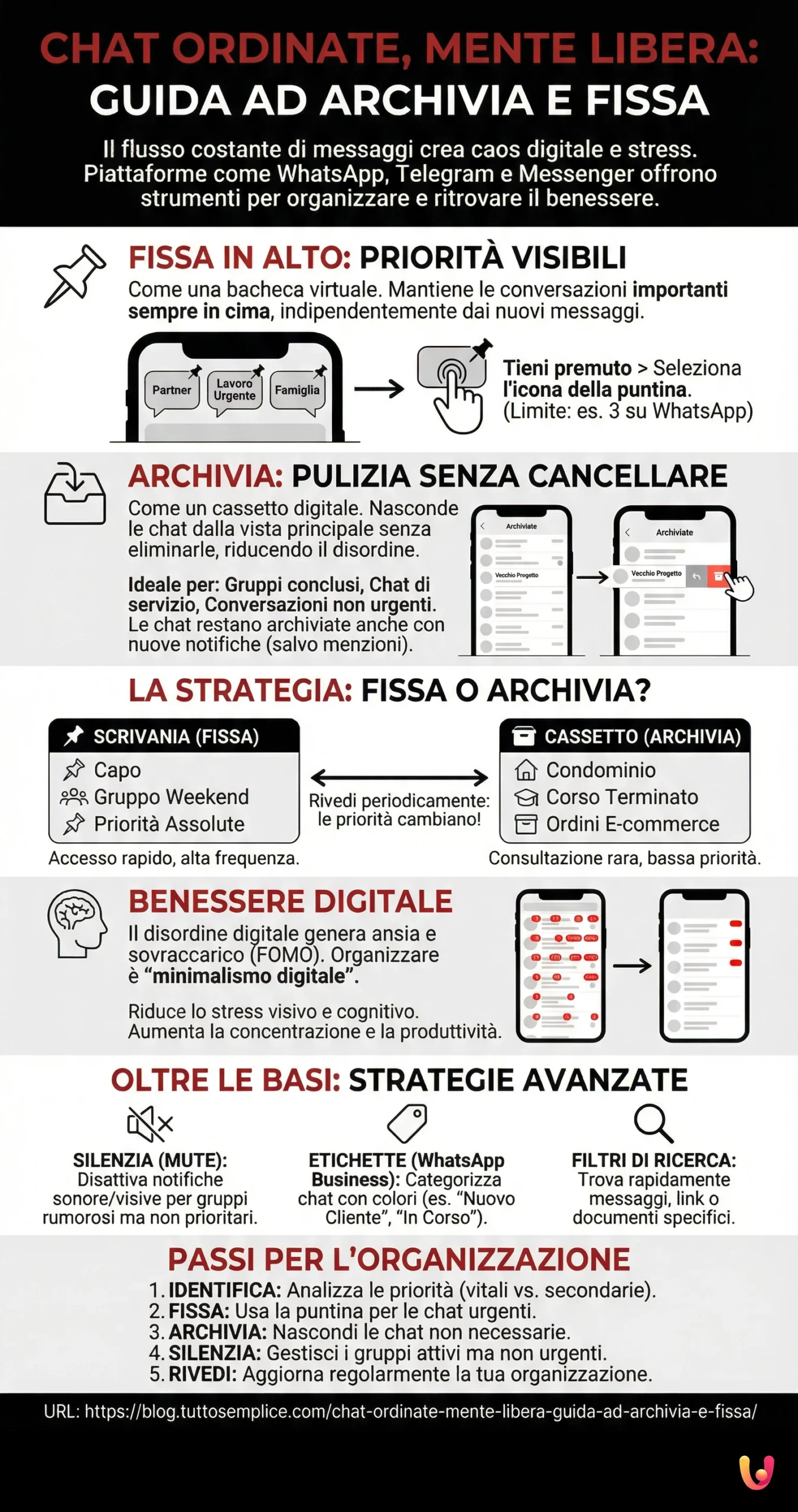 Conversas organizadas, mente livre: guia para arquivar e fixar - Infografia de resumo
