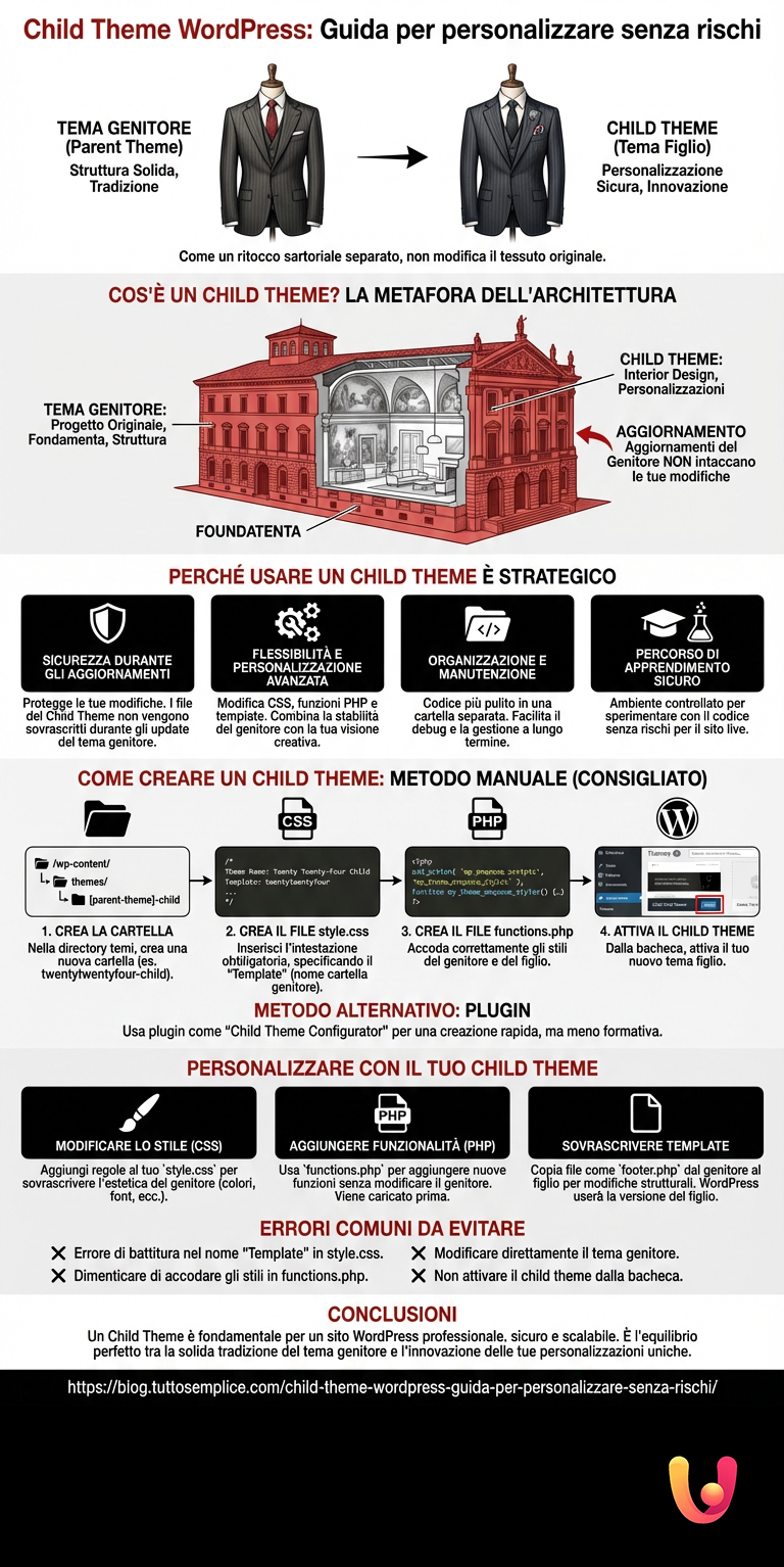 Child Theme WordPress: Guida per personalizzare senza rischi - Infografica riassuntiva